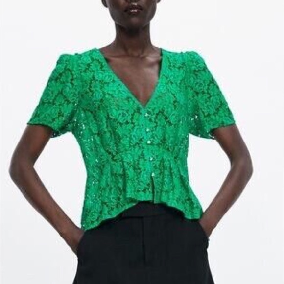Zara Lace V-Neck Top Short Sleeve Rhinestone Button Blouse Green Size Small NWT - Picture 2 of 16